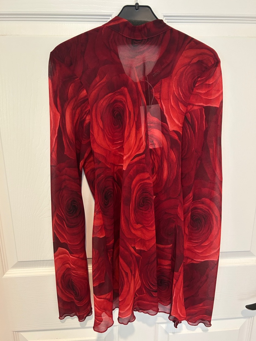 NWT Mango Red Rose Print Sheer Long-Sleeve Blouse